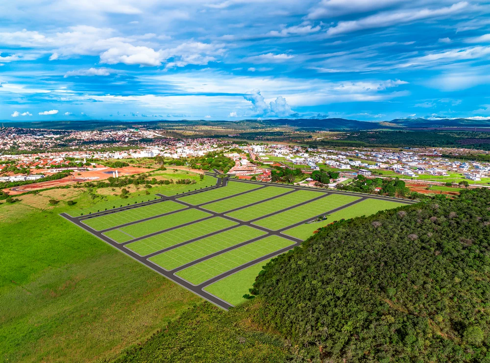 Perspectiva aérea do Portal do Vale com quadras, lotes e sistema viário ilustrados.