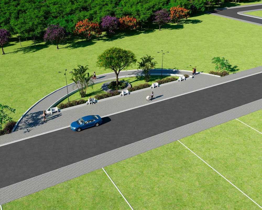 Perspectiva artística da praça com caminhos, bancos e paisagismo.