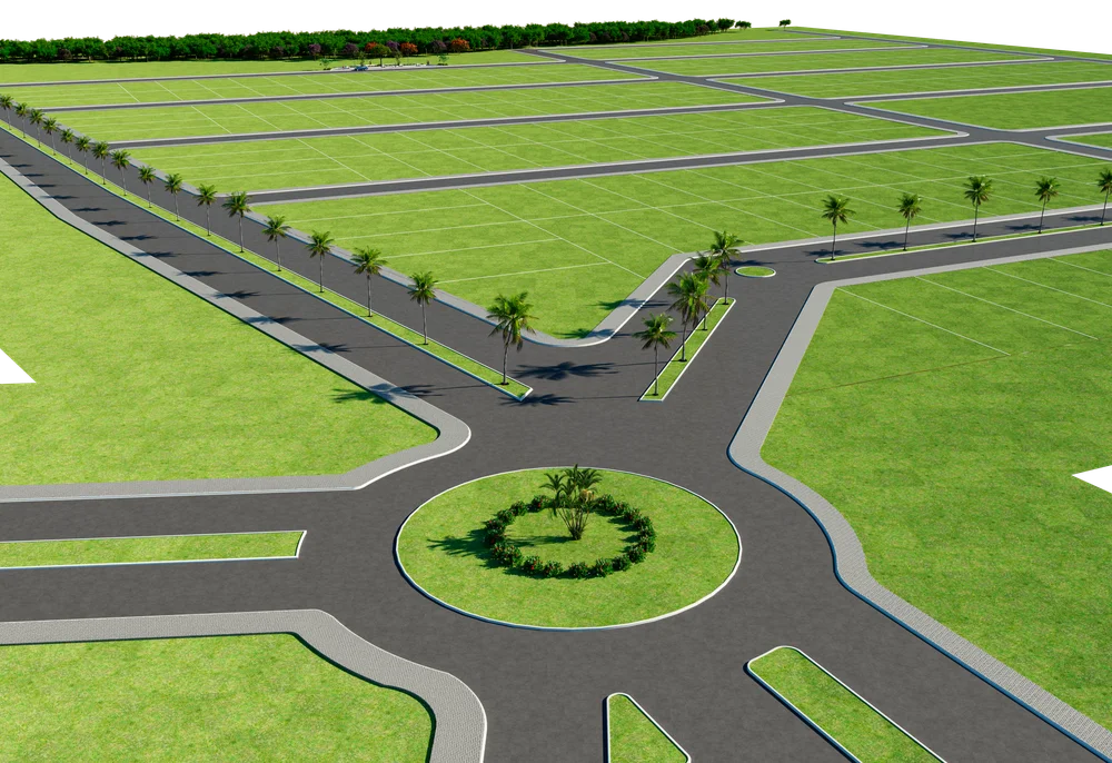 Perspectiva artística da rotatória, das vias e das quadras do residencial.